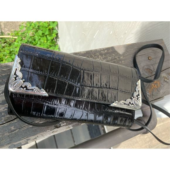Brighton Leather Black Crossbody Bag Purse Crocodile Embossed Western Cowgirl Cl - Picture 5 of 17